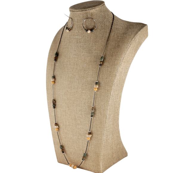 Beaded Hoop Earrings, Long 30" Bead Necklace Set Mixed Green Brown Silver Tone - Picture 12 of 14